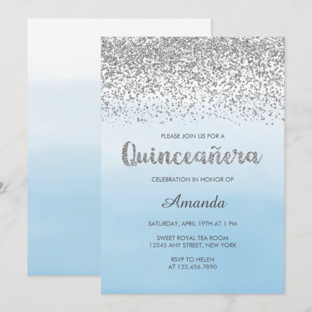 Invitation Aquarelle Bleu clair et Silver Glam Quinceañera (Devant / Derrière)