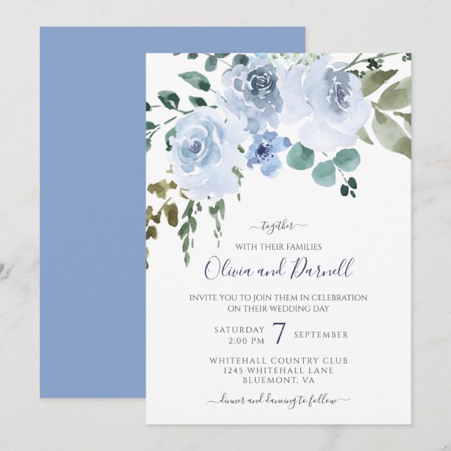 Invitation Aquarelle bleu clair Mariage floral I (Devant / Derrière)