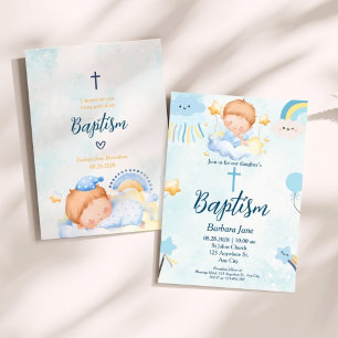 Invitation Aquarelle bleu clair mignon dormant bébé Baptême