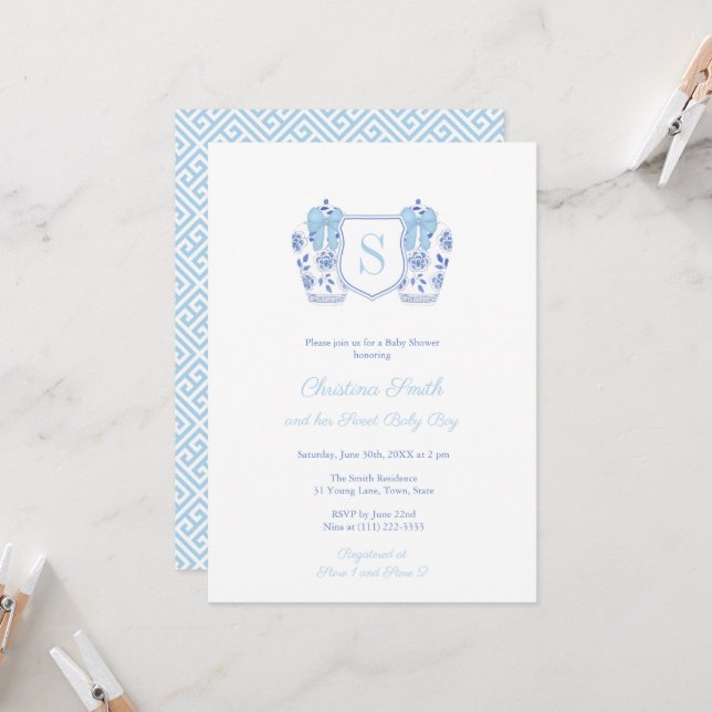Invitation Aquarelle Bleu clair Monogramme Baby shower garçon (Devant/Arrière en situation)