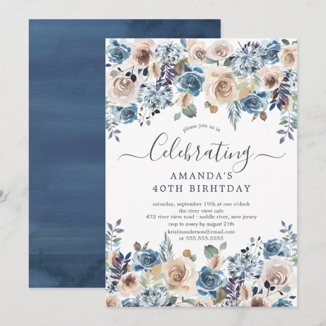 Invitation Aquarelle Bleu & Crème Fleur fête d'anniversaire (Devant / Derrière)