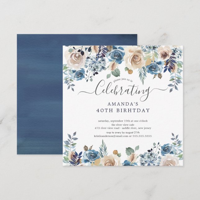 Invitation Aquarelle Bleu & Crème Floral Anniversaire Invi (Devant / Derrière)
