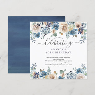 Invitation Aquarelle Bleu & Crème Floral Anniversaire Invi