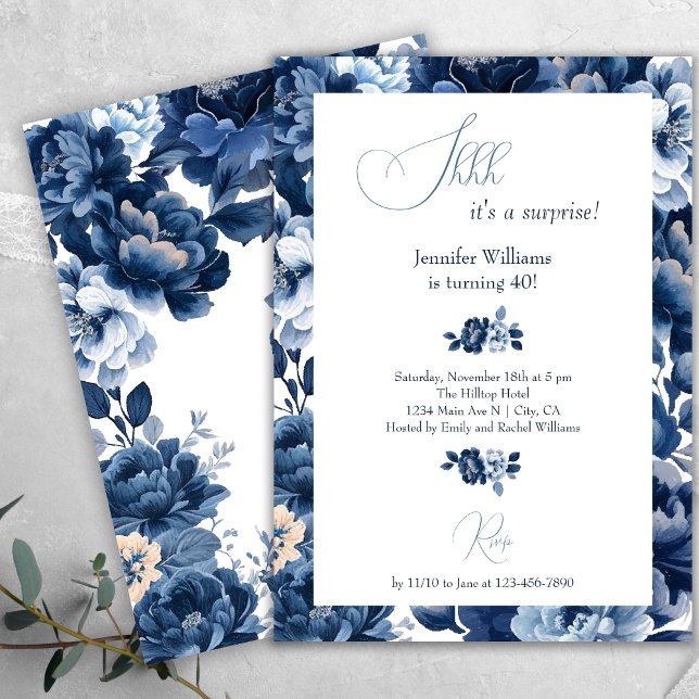 Invitation Aquarelle bleu de la marine florale Shh Surprise A (Créateur téléchargé)