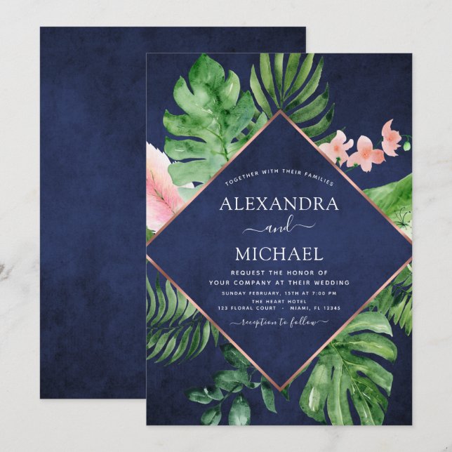 Invitation Aquarelle bleu de la marine tropicale Mariage géom (Devant / Derrière)