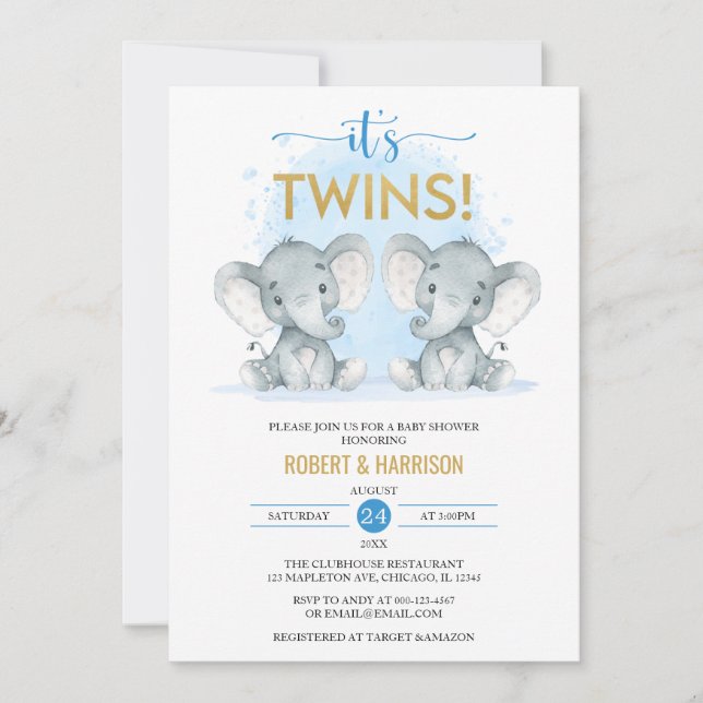 Invitation Aquarelle bleu doux Jumeaux Baby shower éléphant (Devant)