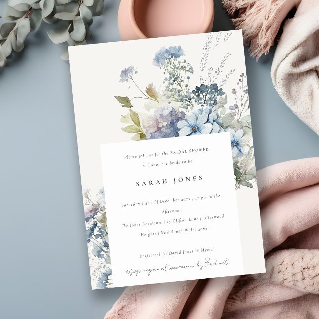 Invitation Aquarelle bleu Dusky Cottage Fête des mariées flor (Créateur téléchargé)