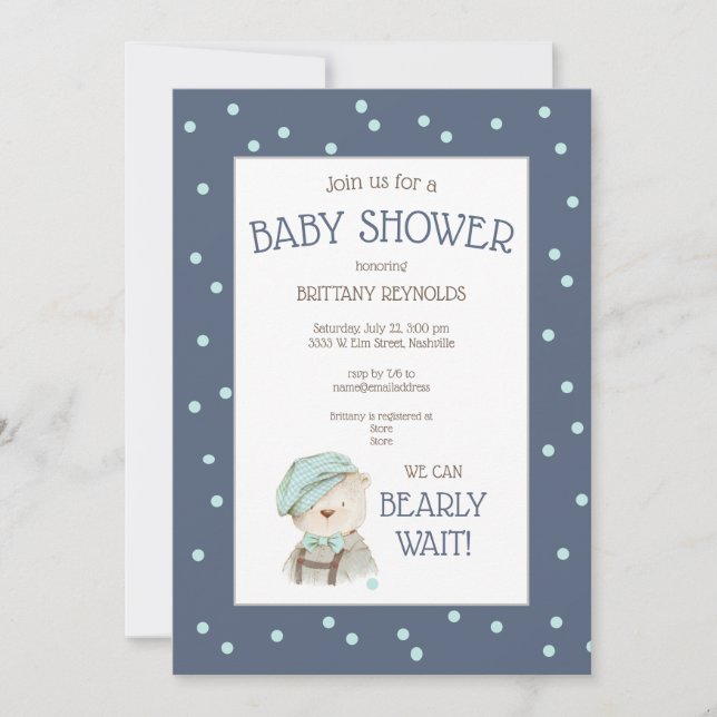 Invitation Aquarelle bleu Dusty Baby shower Ours de bois (Devant)