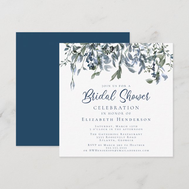 Invitation Aquarelle bleu Dusty Fête des mariées florale (Devant / Derrière)