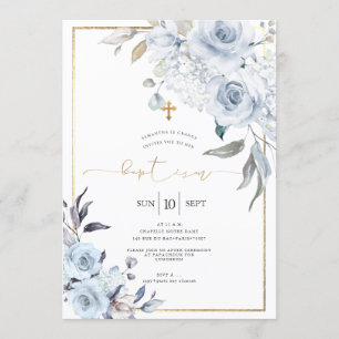 Invitation Aquarelle bleu Dusty Fleurs Baptême