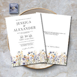 Invitation Aquarelle bleu Dusty Fleurs sauvages Mariage éléga