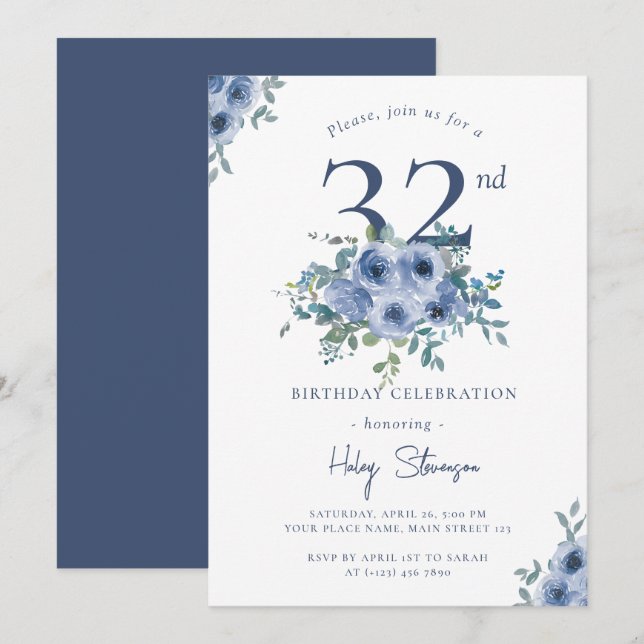 Invitation Aquarelle Bleu Dusty Floral 32e Anniversaire Chic (Devant / Derrière)