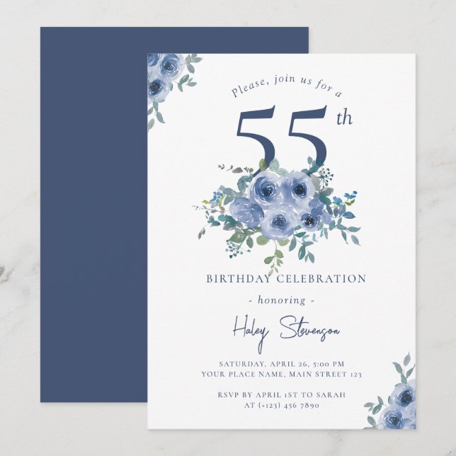 Invitation Aquarelle Bleu Dusty Floral 55e Anniversaire Chic (Devant / Derrière)