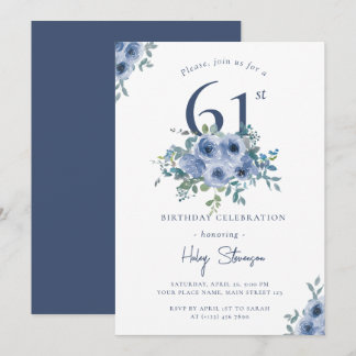 Invitation Aquarelle Bleu Dusty Floral 61e Anniversaire Chic