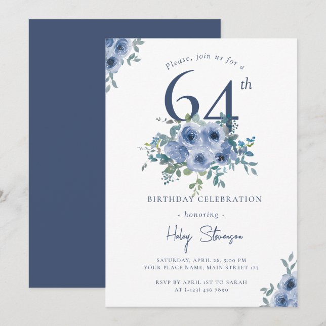 Invitation Aquarelle Bleu Dusty Floral 64e Anniversaire Chic (Devant / Derrière)