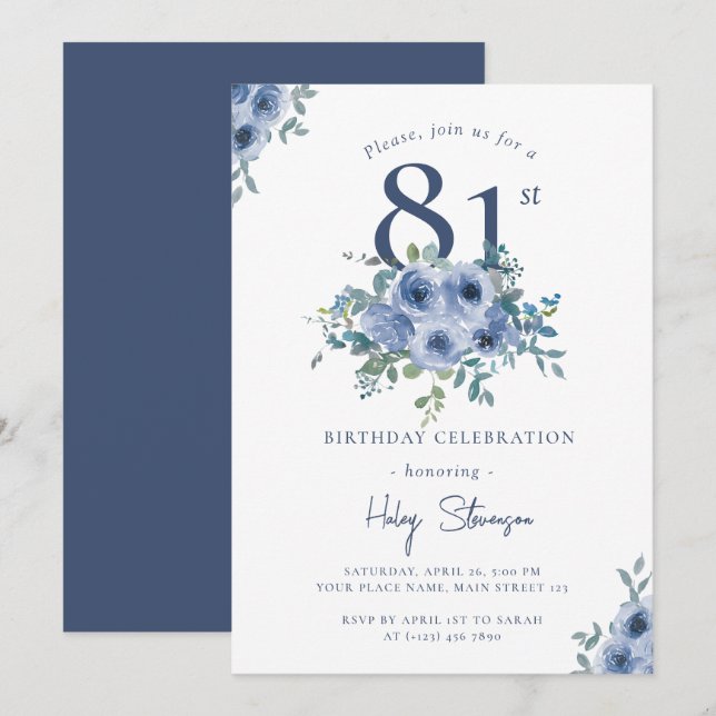 Invitation Aquarelle Bleu Dusty Floral 81e Anniversaire Chic (Devant / Derrière)