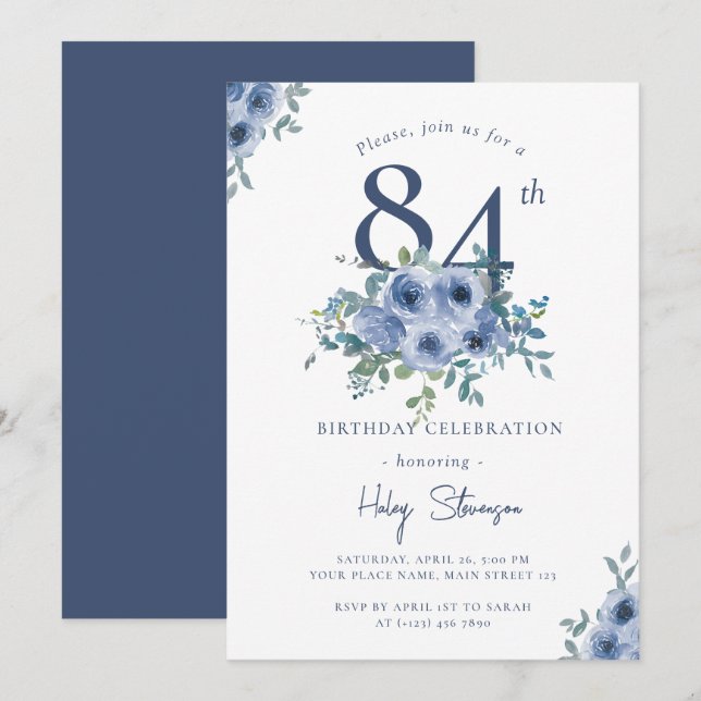 Invitation Aquarelle Bleu Dusty Floral 84e Anniversaire Chic (Devant / Derrière)