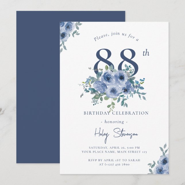 Invitation Aquarelle Bleu Dusty Floral 88e Anniversaire Chic (Devant / Derrière)