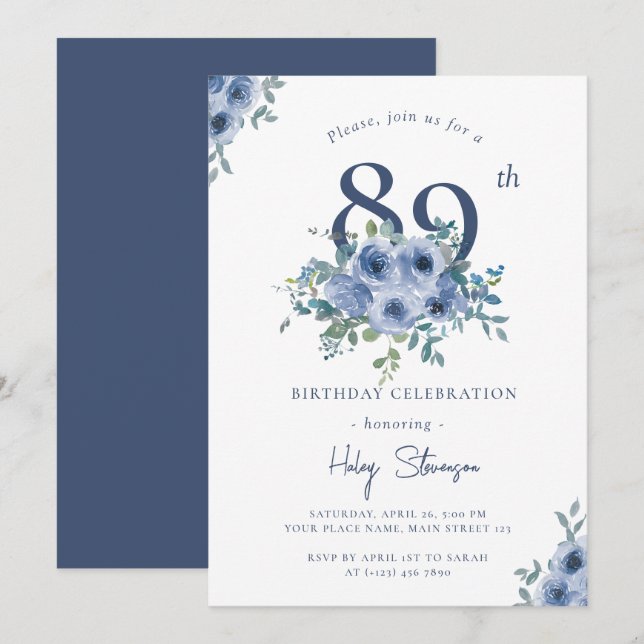 Invitation Aquarelle Bleu Dusty Floral 89e Anniversaire Chic (Devant / Derrière)
