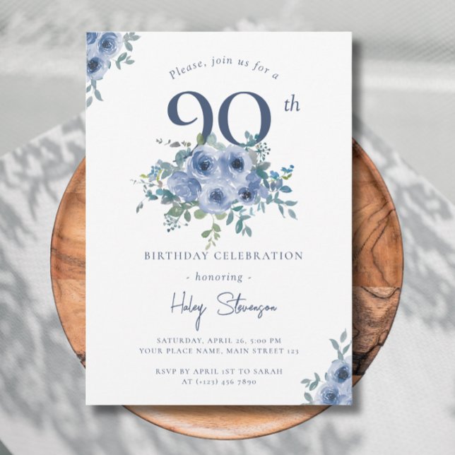 Invitation Aquarelle Bleu Dusty Floral 90e Anniversaire Chic (Créateur téléchargé)