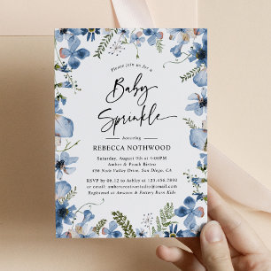 Invitation Aquarelle bleu Dusty Floral Baby Sprinky