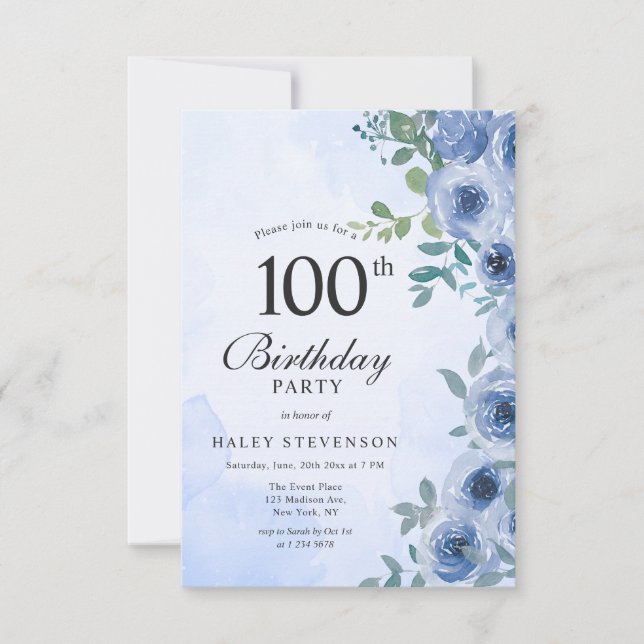 Invitation Aquarelle bleu Dusty Floral Chic 100e anniversaire (Devant)