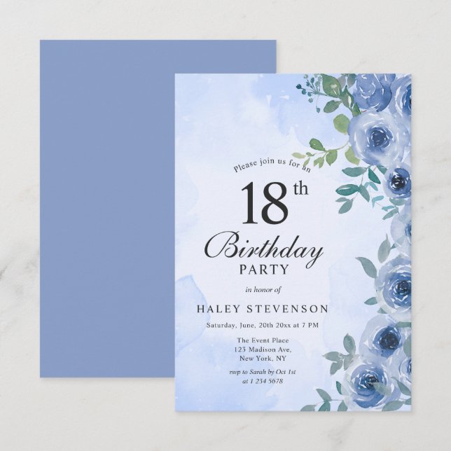 Invitation Aquarelle bleu Dusty Floral Chic 18e anniversaire (Devant / Derrière)