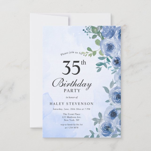 Invitation Aquarelle bleu Dusty Floral Chic 35e anniversaire (Devant)
