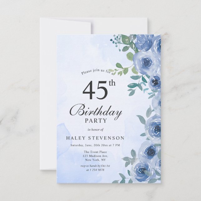 Invitation Aquarelle bleu Dusty Floral Chic 45e Anniversaire  (Devant)