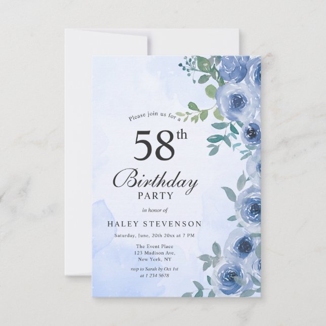 Invitation Aquarelle bleu Dusty Floral Chic 58e Anniversaire  (Devant)