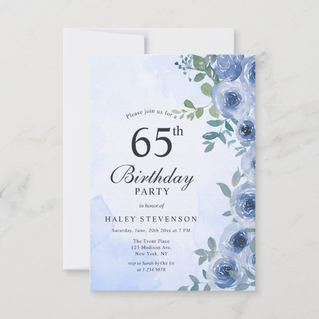 Invitation Aquarelle bleu Dusty Floral Chic 65e Anniversaire  (Devant)