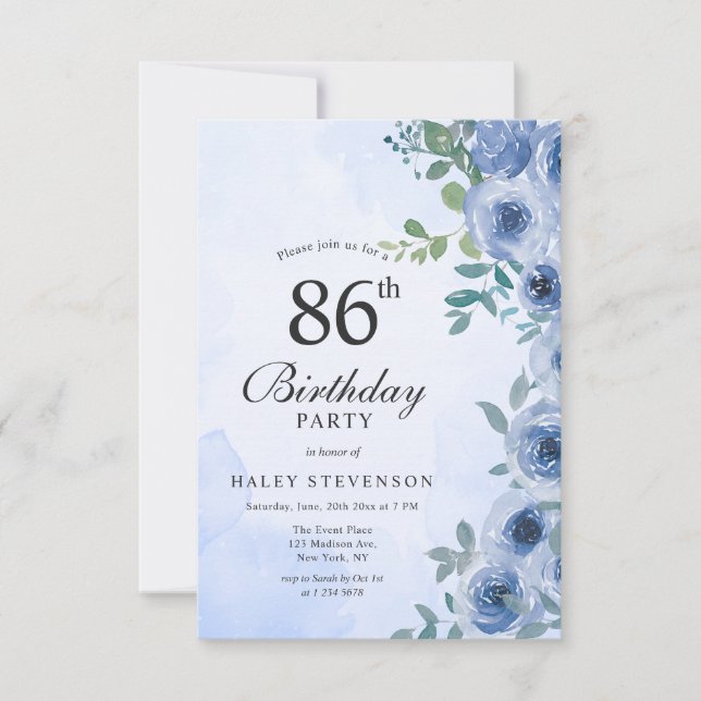 Invitation Aquarelle bleu Dusty Floral Chic 86e anniversaire (Devant)