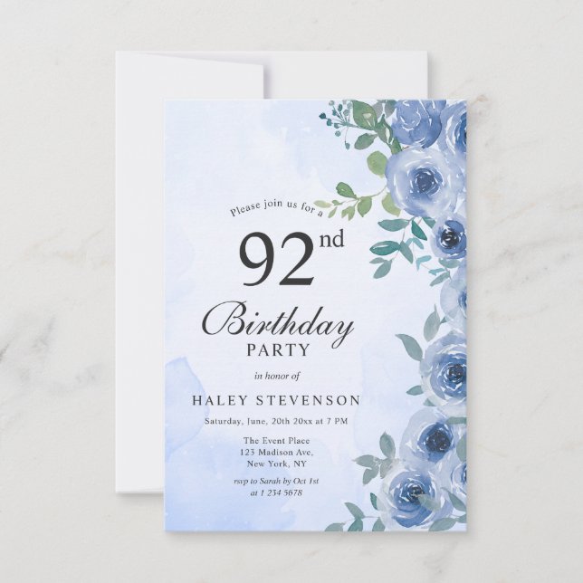 Invitation Aquarelle bleu Dusty Floral Chic 92e anniversaire (Devant)