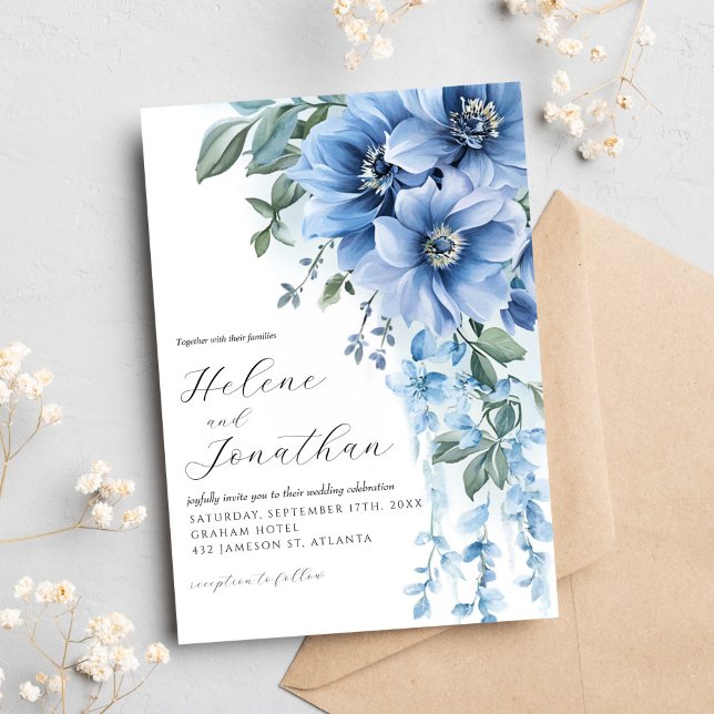 Invitation Aquarelle bleu Dusty Floral Mariage élégant (Dusty Blue Watercolor Floral Elegant Wedding Invitation)