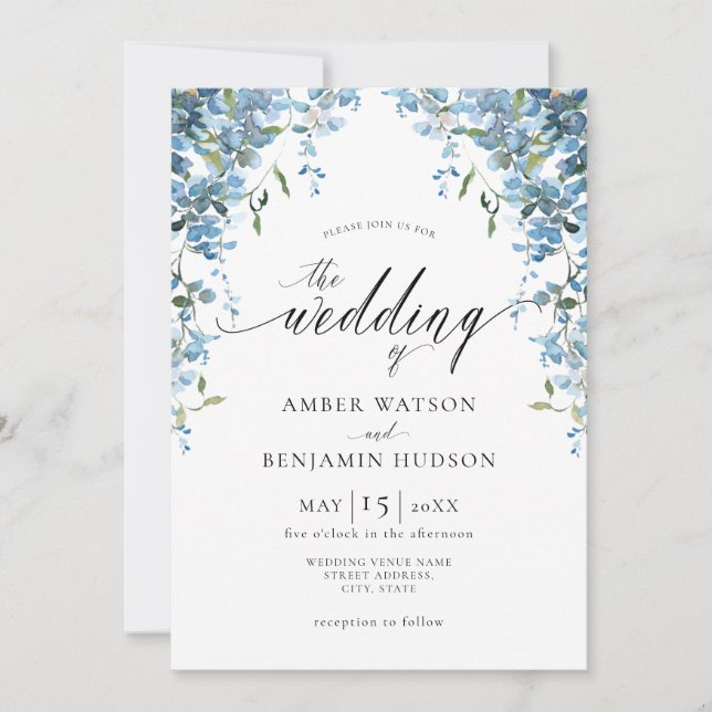 Invitation Aquarelle bleu Dusty Floral Wisteria Mariage (Devant)