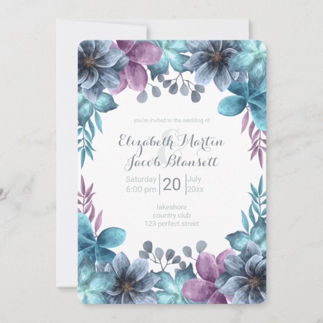 Invitation Aquarelle bleu Dusty Mariage Floral (Devant)