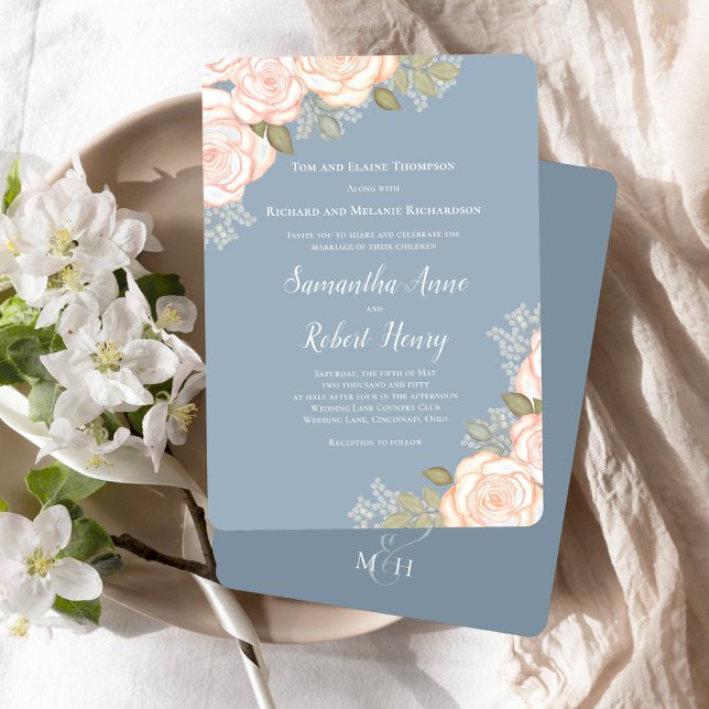 Invitation Aquarelle bleu Dusty Mariage Floral (Elegant blush pink floral dusty blue wedding invitation.)