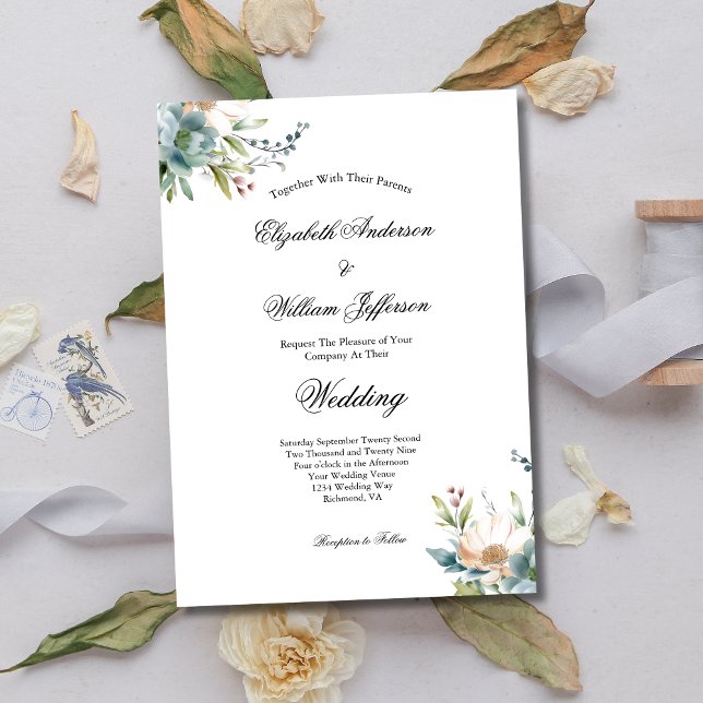Invitation Aquarelle bleu Dusty Mariage végétal (Dusty Blue Cream Watercolor Floral Elegant Wedding Invitation)