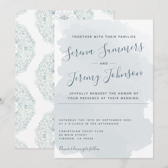 Invitation Aquarelle bleu Dusty moderne Laver Plage Mariage (Devant / Derrière)