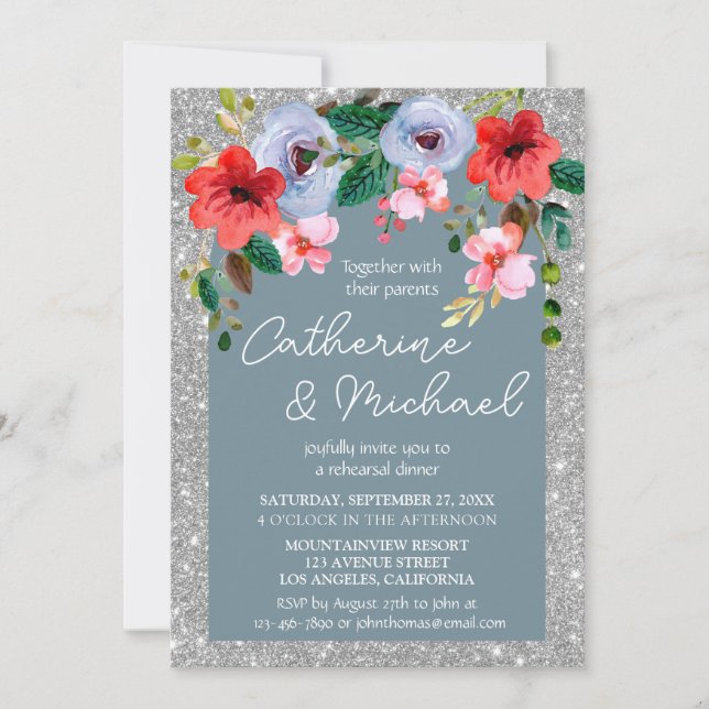 Invitation Aquarelle bleu Dusty Parties scintillant argent Ar (Devant)