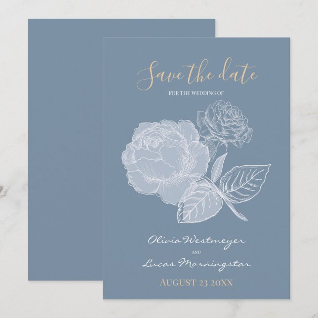 Invitation Aquarelle bleu Dusty Rose doré Enregistrer la date (Devant / Derrière)