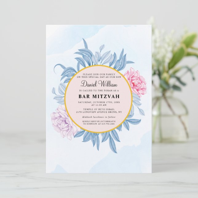 Invitation Aquarelle bleu Dusty Succulent Bar Bat mitzvah (Debout devant)