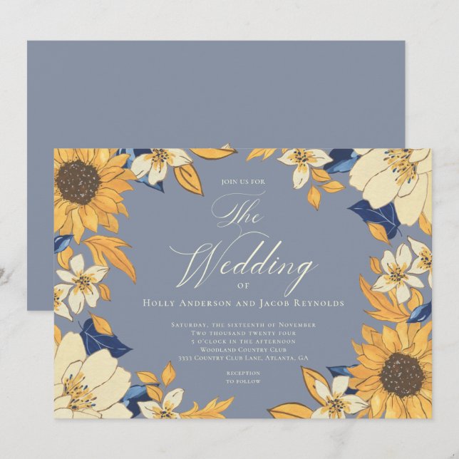 Invitation Aquarelle bleu Dusty Sunflower Script Mariage Inv (Devant / Derrière)