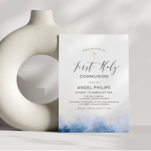 Invitation aquarelle bleu écriture première communion sainte