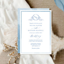 Aquarelle bleu Elegant Monogram Mariage Invitatiat