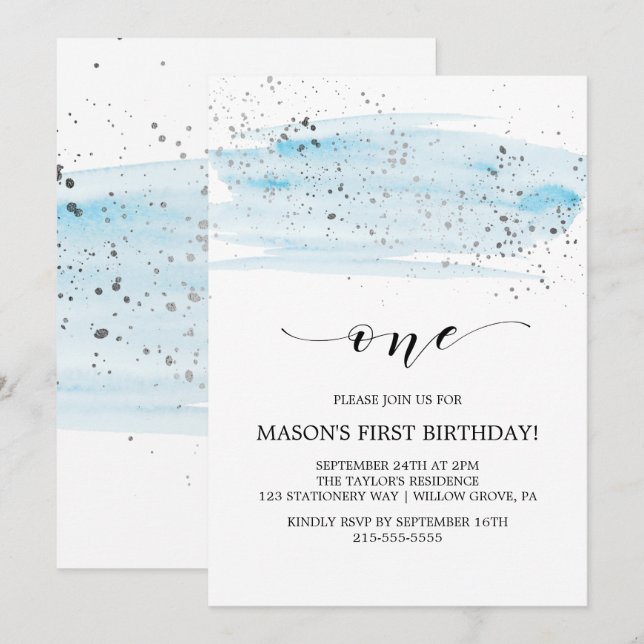 Invitation Aquarelle Bleu et Argent Étincelle Premier anniver (Devant / Derrière)