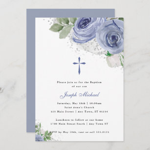 Invitation Aquarelle bleu et argent Floral Baptême religieux