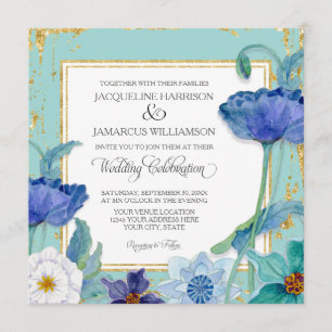 Invitation Aquarelle bleu et blanc de l'Aqua Floral Gold Fram