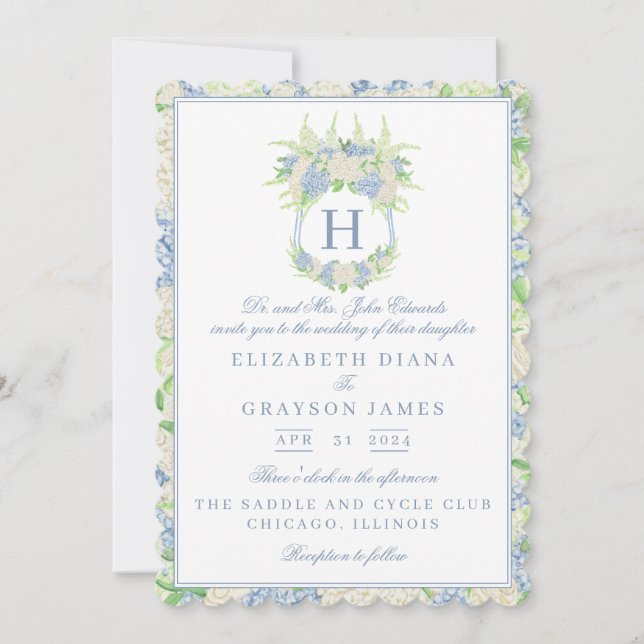 Invitation Aquarelle bleu et blanc Mariage de crête d'Hydrang (Devant)