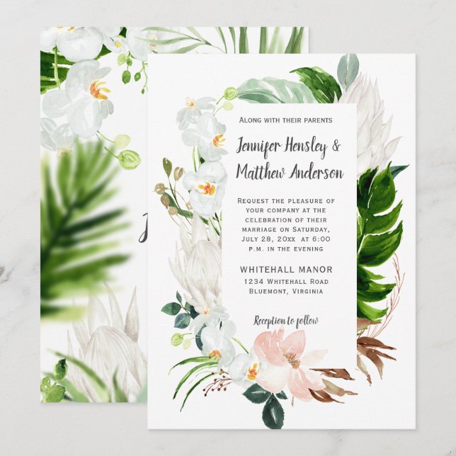 Invitation Aquarelle bleu et blanc Mariage floral tropical (Devant / Derrière)